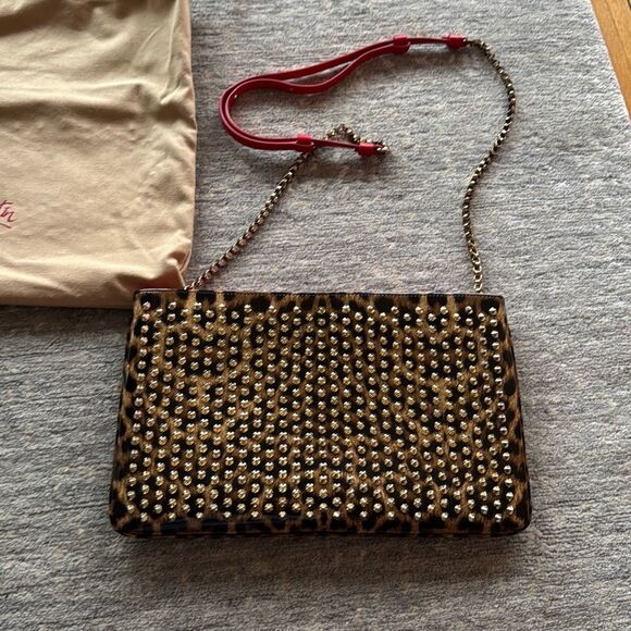 Christian Louboutin Patent Leopard Print Loubiposh Spiked Crossbody Clutch - Picture 5 of 15